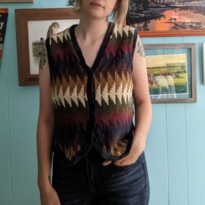 Liz wear southwestern patterned blue cream red gold button up sweater vest - m
